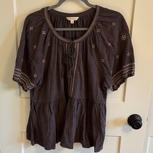 Lucky Brand Dark Brown Embroidered Peasant Tunic